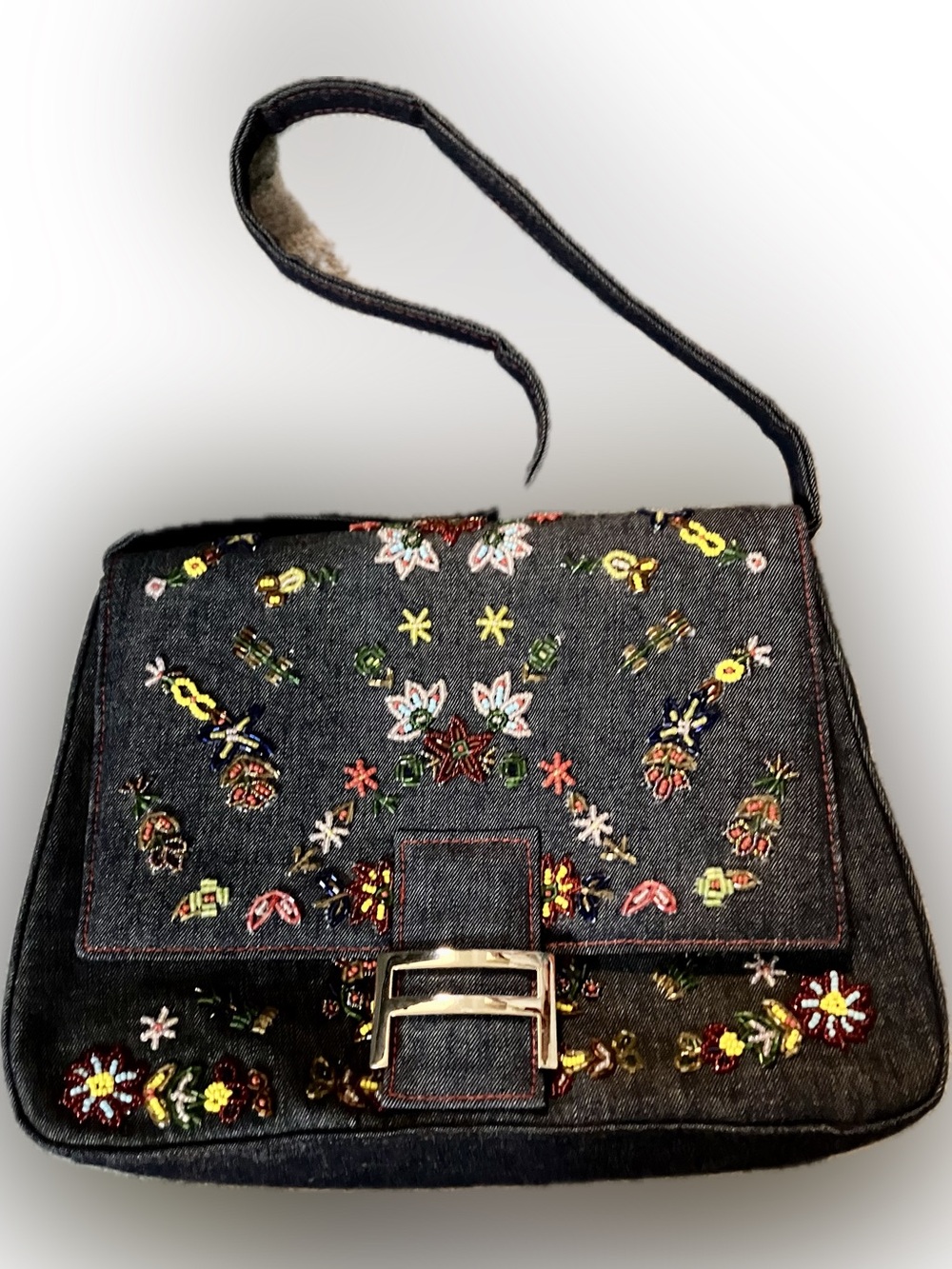 Adrienne Black Embroidered Shoulder Bag with Multicolor Floral Beading